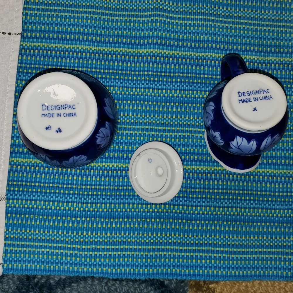 Cobalt Blue Leaf Pattern Ceramic Creamer And Sugar Bowl Set